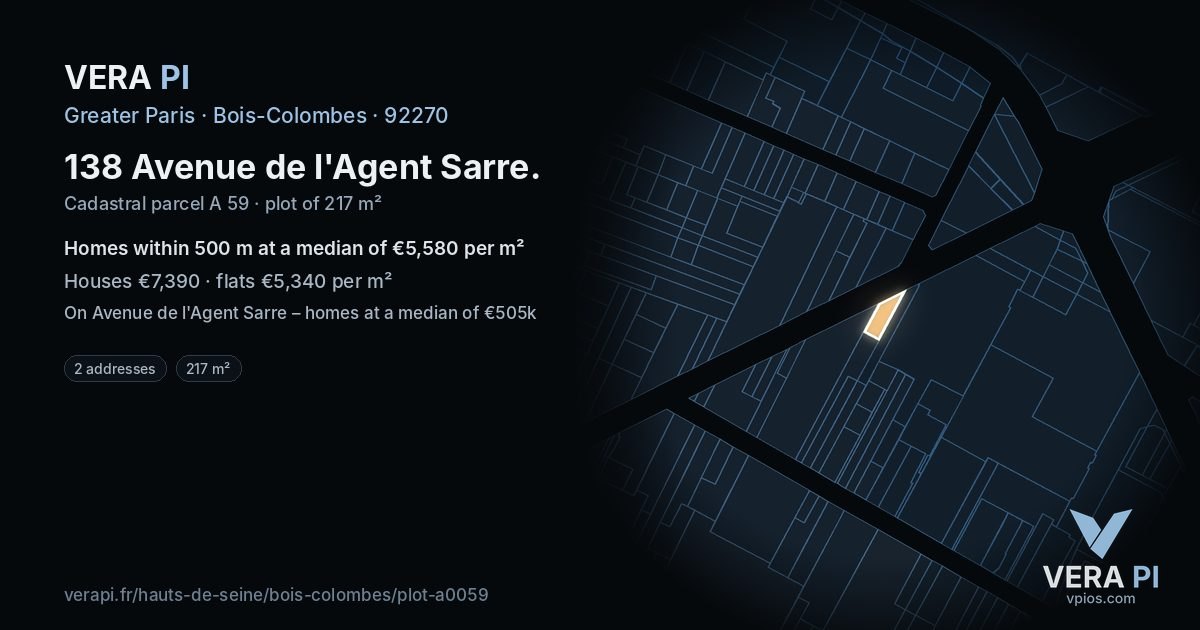 138 Avenue de l'Agent Sarre, Bois-Colombes at night – the plot lit, the parcels around coloured by the prices near them