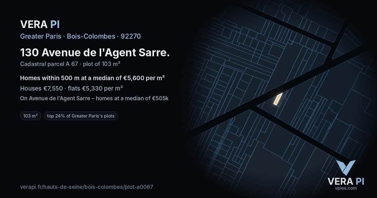 130 Avenue de l'Agent Sarre, Bois-Colombes at night – the plot lit, the parcels around coloured by the prices near them