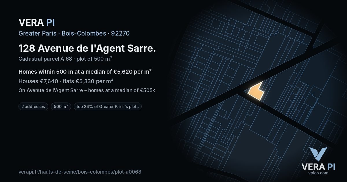 128 Avenue de l'Agent Sarre, Bois-Colombes at night – the plot lit, the parcels around coloured by the prices near them