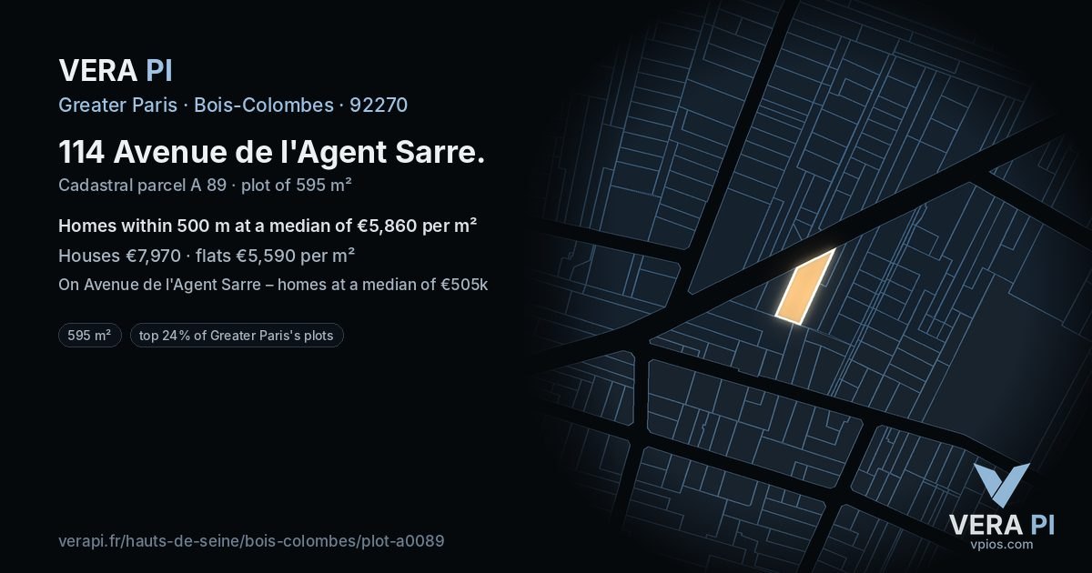 114 Avenue de l'Agent Sarre, Bois-Colombes at night – the plot lit, the parcels around coloured by the prices near them