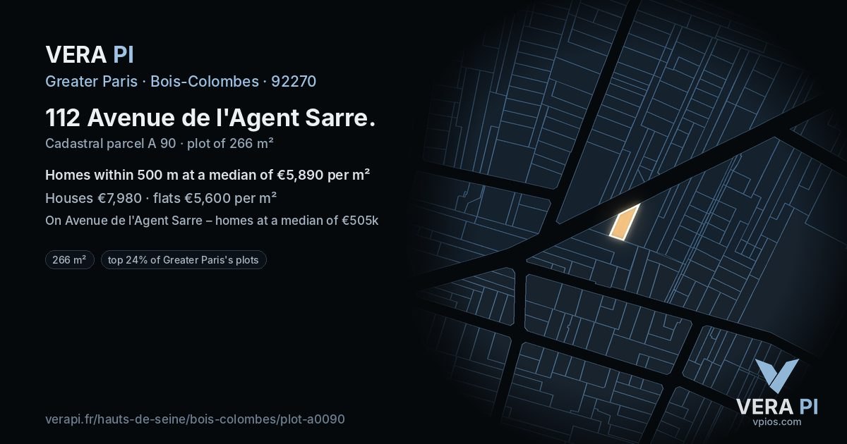 112 Avenue de l'Agent Sarre, Bois-Colombes at night – the plot lit, the parcels around coloured by the prices near them