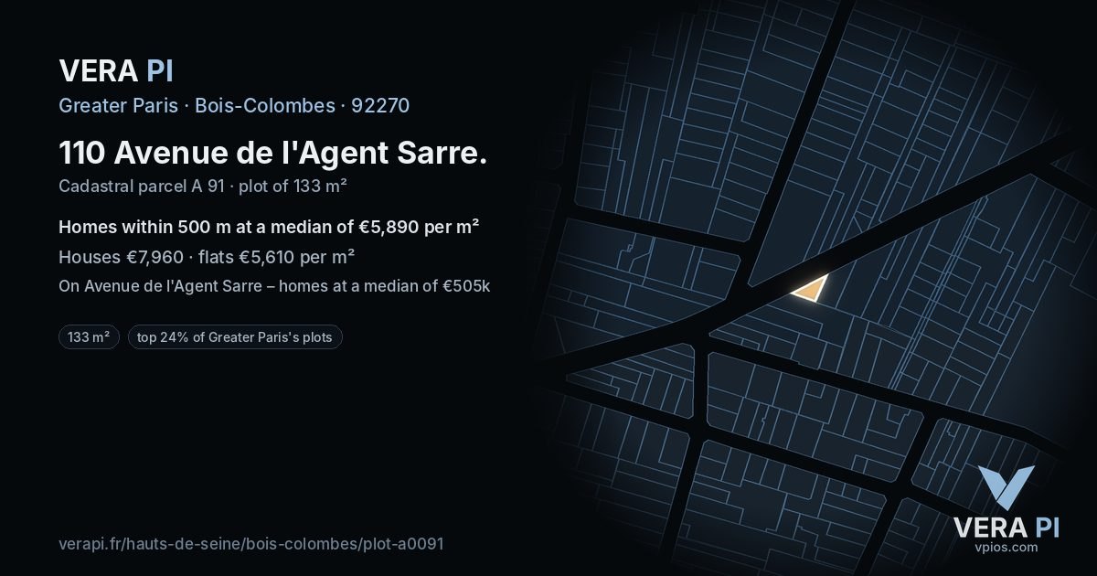 110 Avenue de l'Agent Sarre, Bois-Colombes at night – the plot lit, the parcels around coloured by the prices near them