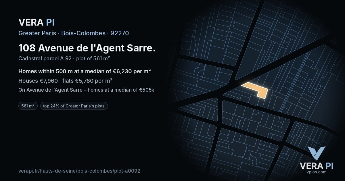 108 Avenue de l'Agent Sarre, Bois-Colombes at night – the plot lit, the parcels around coloured by the prices near them