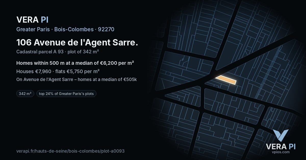 106 Avenue de l'Agent Sarre, Bois-Colombes at night – the plot lit, the parcels around coloured by the prices near them
