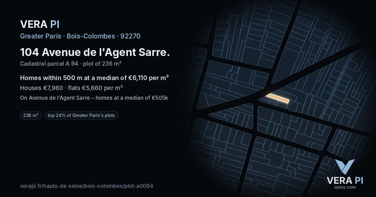 104 Avenue de l'Agent Sarre, Bois-Colombes at night – the plot lit, the parcels around coloured by the prices near them