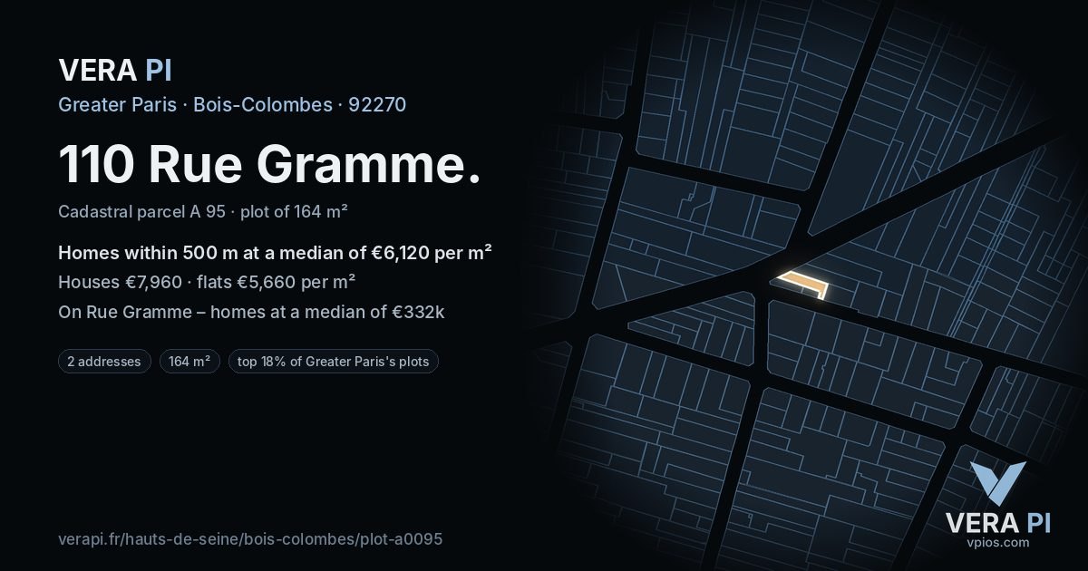 110 Rue Gramme, Bois-Colombes at night – the plot lit, the parcels around coloured by the prices near them