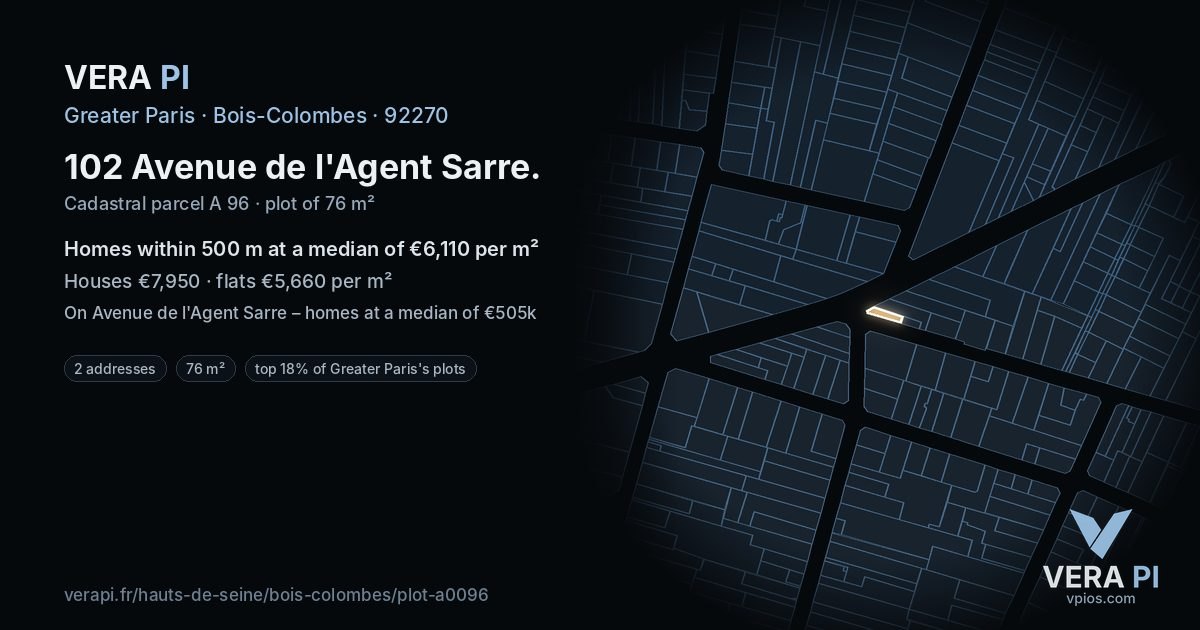 102 Avenue de l'Agent Sarre, Bois-Colombes at night – the plot lit, the parcels around coloured by the prices near them