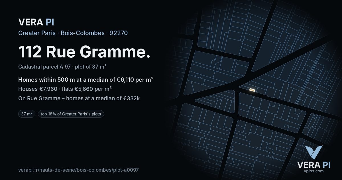 112 Rue Gramme, Bois-Colombes at night – the plot lit, the parcels around coloured by the prices near them