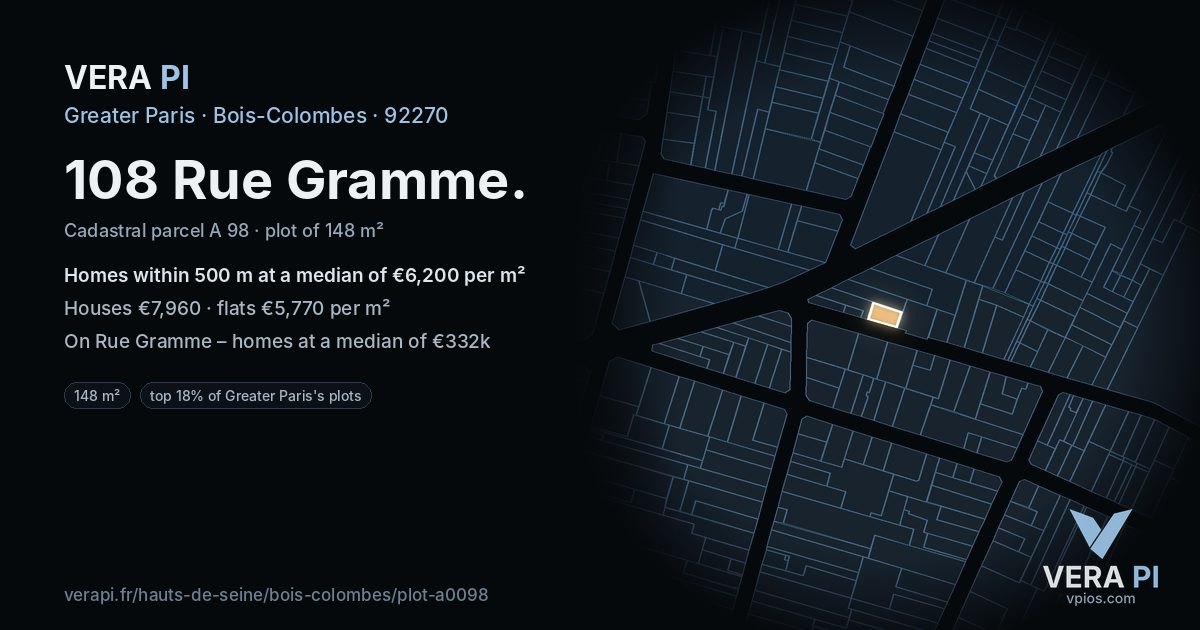 108 Rue Gramme, Bois-Colombes at night – the plot lit, the parcels around coloured by the prices near them