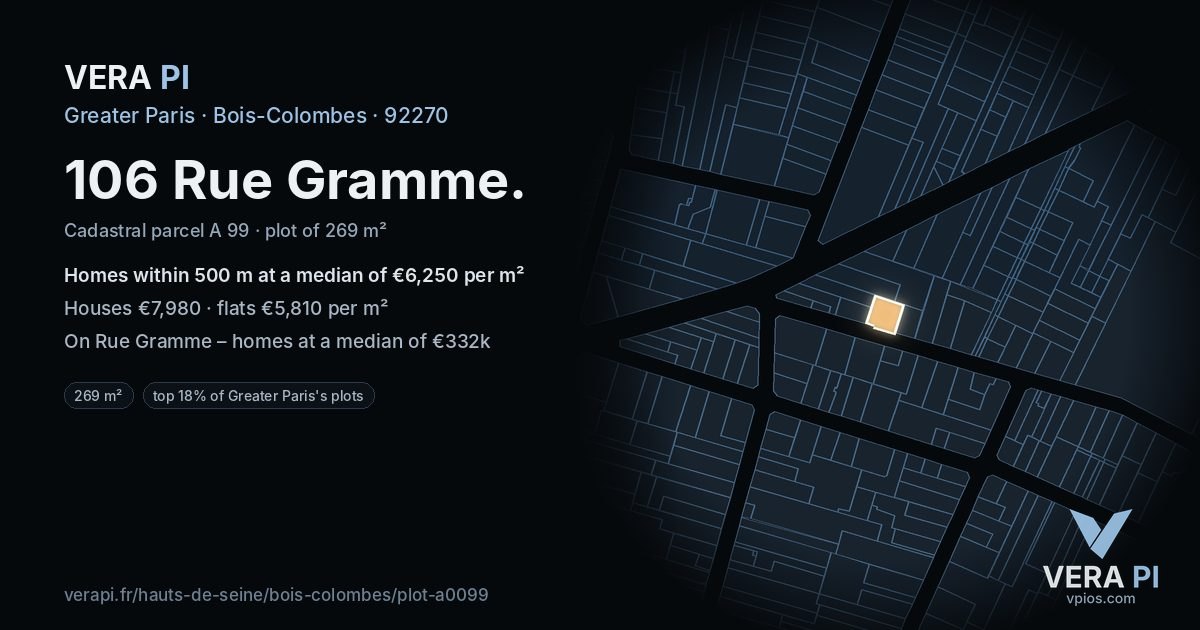 106 Rue Gramme, Bois-Colombes at night – the plot lit, the parcels around coloured by the prices near them