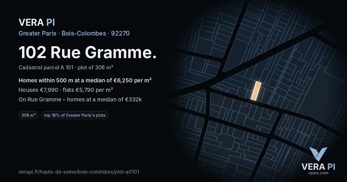 102 Rue Gramme, Bois-Colombes at night – the plot lit, the parcels around coloured by the prices near them