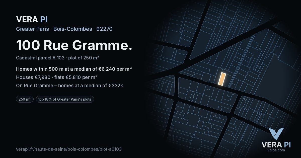 100 Rue Gramme, Bois-Colombes at night – the plot lit, the parcels around coloured by the prices near them