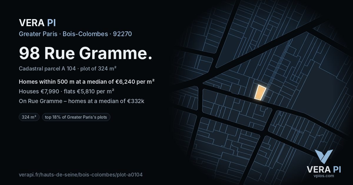 98 Rue Gramme, Bois-Colombes at night – the plot lit, the parcels around coloured by the prices near them