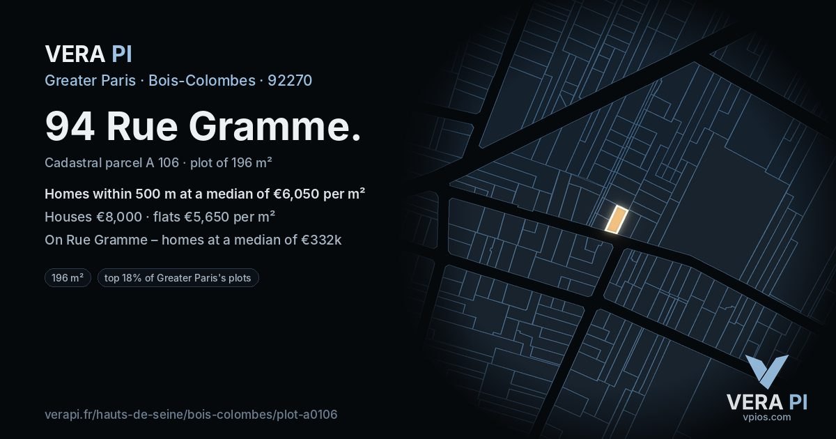 94 Rue Gramme, Bois-Colombes at night – the plot lit, the parcels around coloured by the prices near them