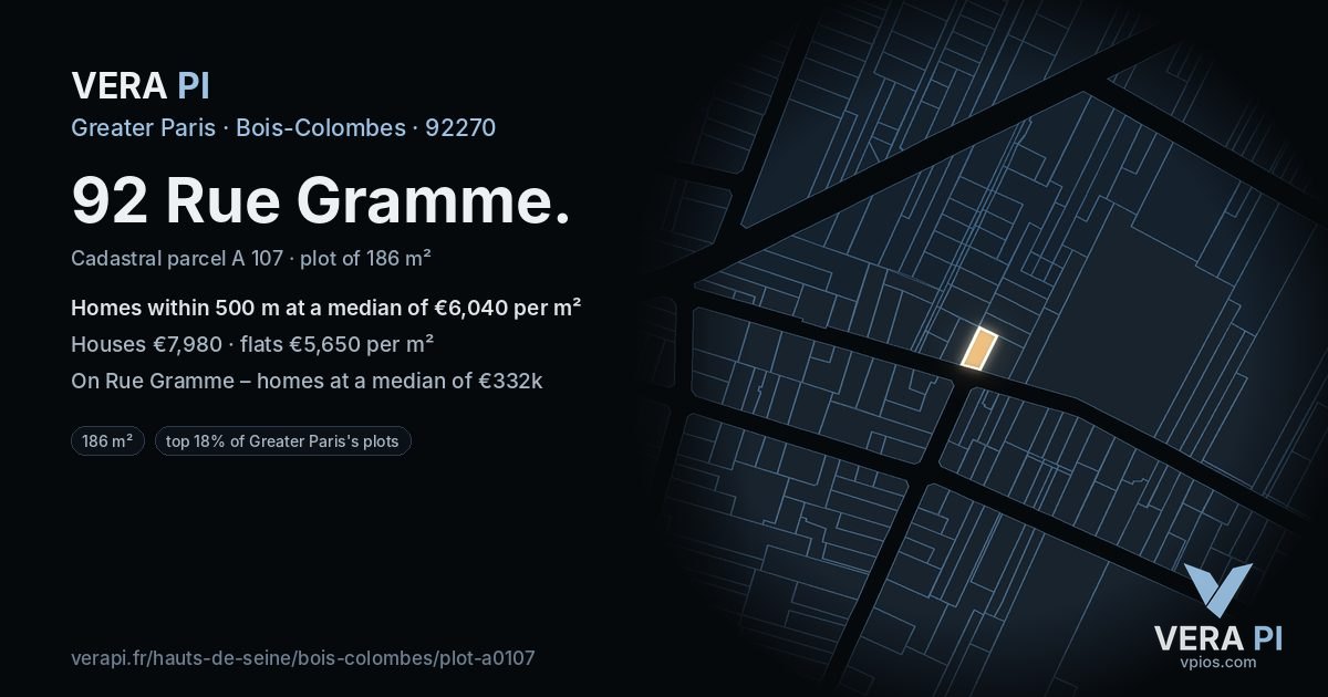 92 Rue Gramme, Bois-Colombes at night – the plot lit, the parcels around coloured by the prices near them