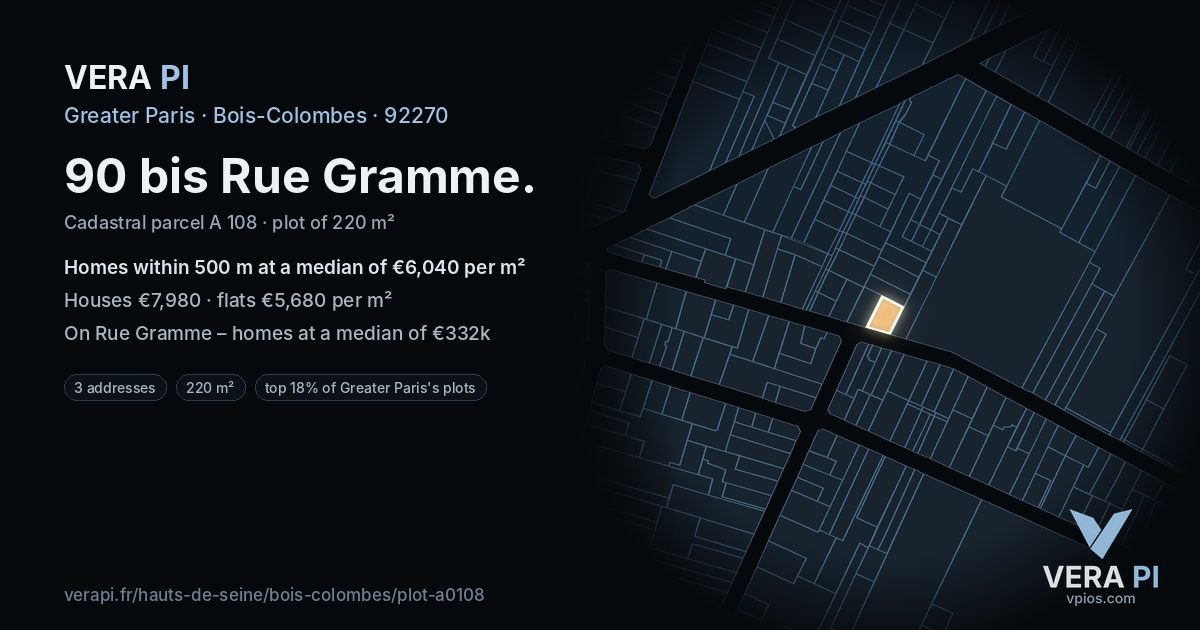 90 bis Rue Gramme, Bois-Colombes at night – the plot lit, the parcels around coloured by the prices near them