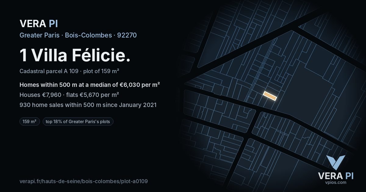 1 Villa Félicie, Bois-Colombes at night – the plot lit, the parcels around coloured by the prices near them