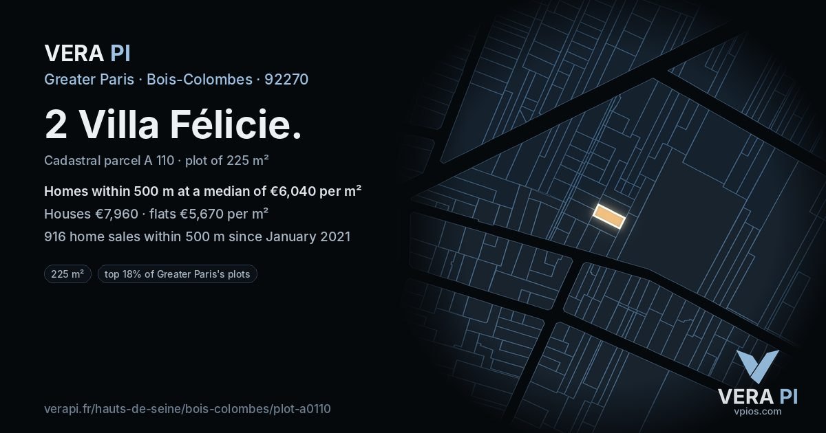 2 Villa Félicie, Bois-Colombes at night – the plot lit, the parcels around coloured by the prices near them