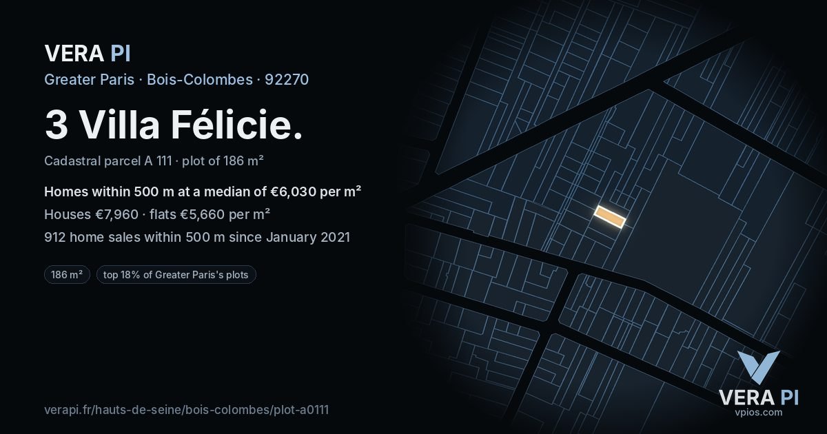 3 Villa Félicie, Bois-Colombes at night – the plot lit, the parcels around coloured by the prices near them
