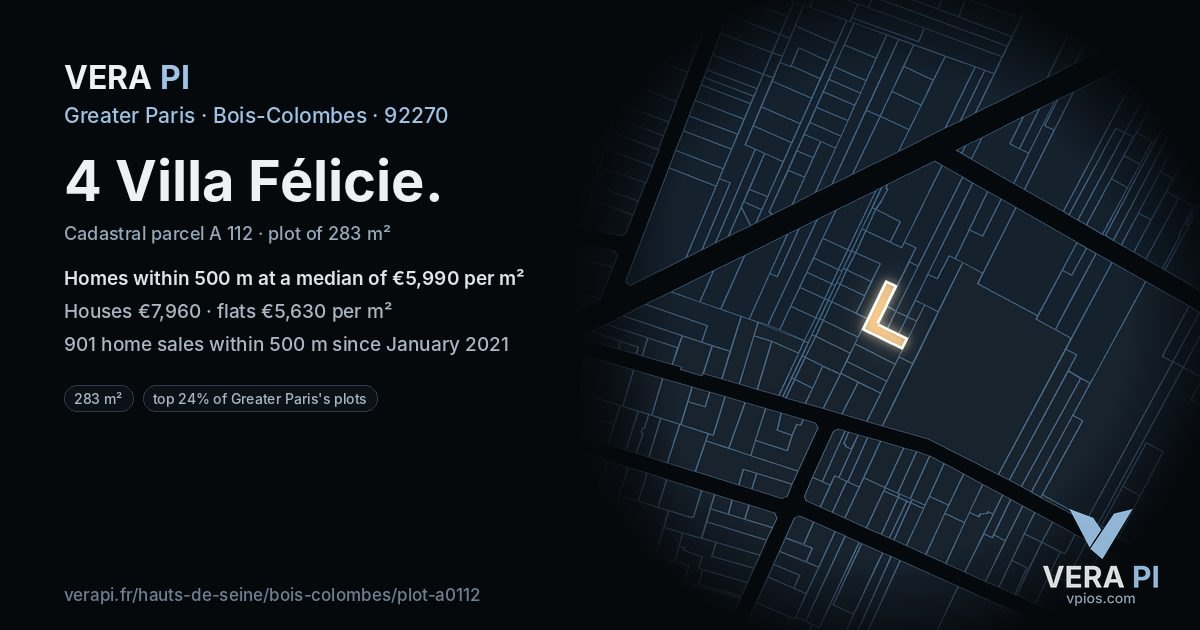 4 Villa Félicie, Bois-Colombes at night – the plot lit, the parcels around coloured by the prices near them