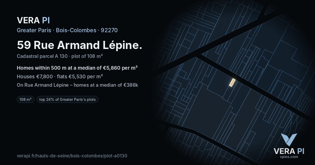 59 Rue Armand Lépine, Bois-Colombes at night – the plot lit, the parcels around coloured by the prices near them