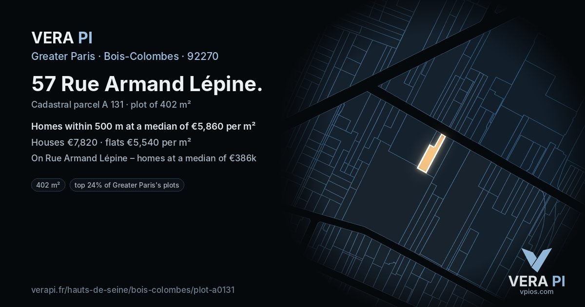 57 Rue Armand Lépine, Bois-Colombes at night – the plot lit, the parcels around coloured by the prices near them