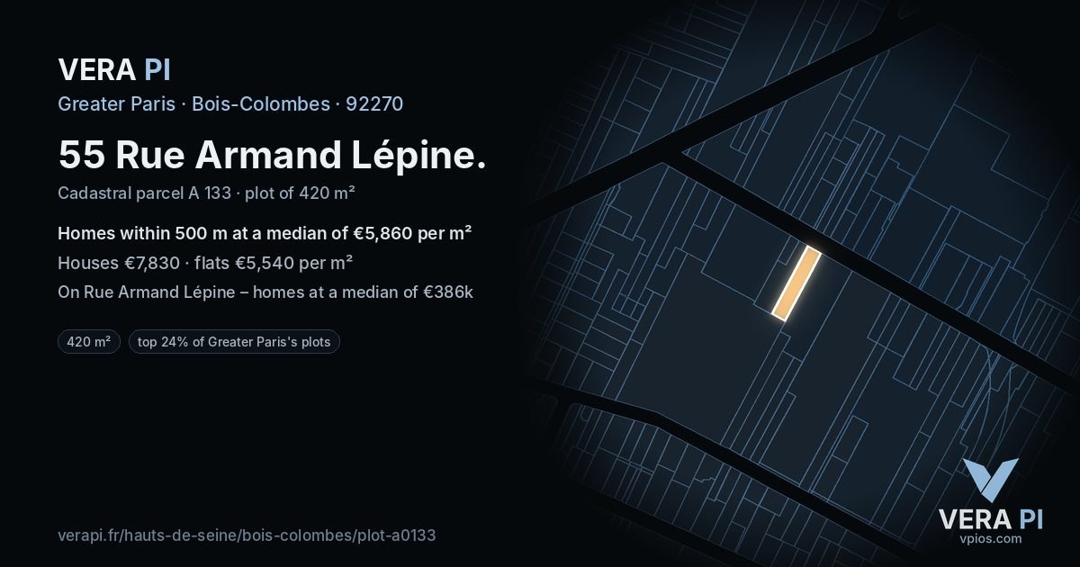55 Rue Armand Lépine, Bois-Colombes at night – the plot lit, the parcels around coloured by the prices near them
