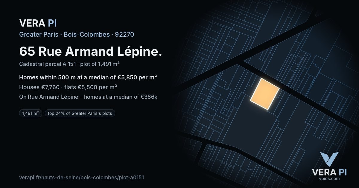 65 Rue Armand Lépine, Bois-Colombes at night – the plot lit, the parcels around coloured by the prices near them