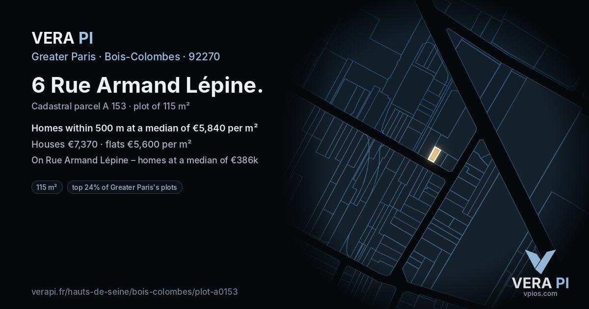 6 Rue Armand Lépine, Bois-Colombes at night – the plot lit, the parcels around coloured by the prices near them