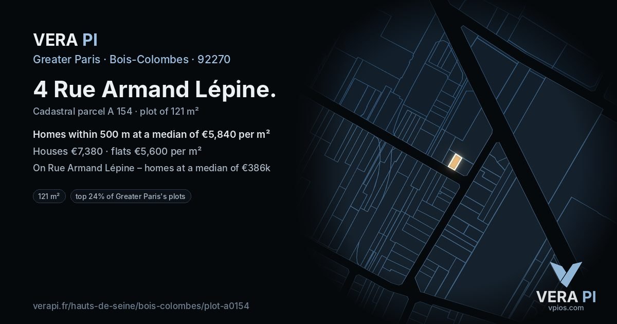 4 Rue Armand Lépine, Bois-Colombes at night – the plot lit, the parcels around coloured by the prices near them