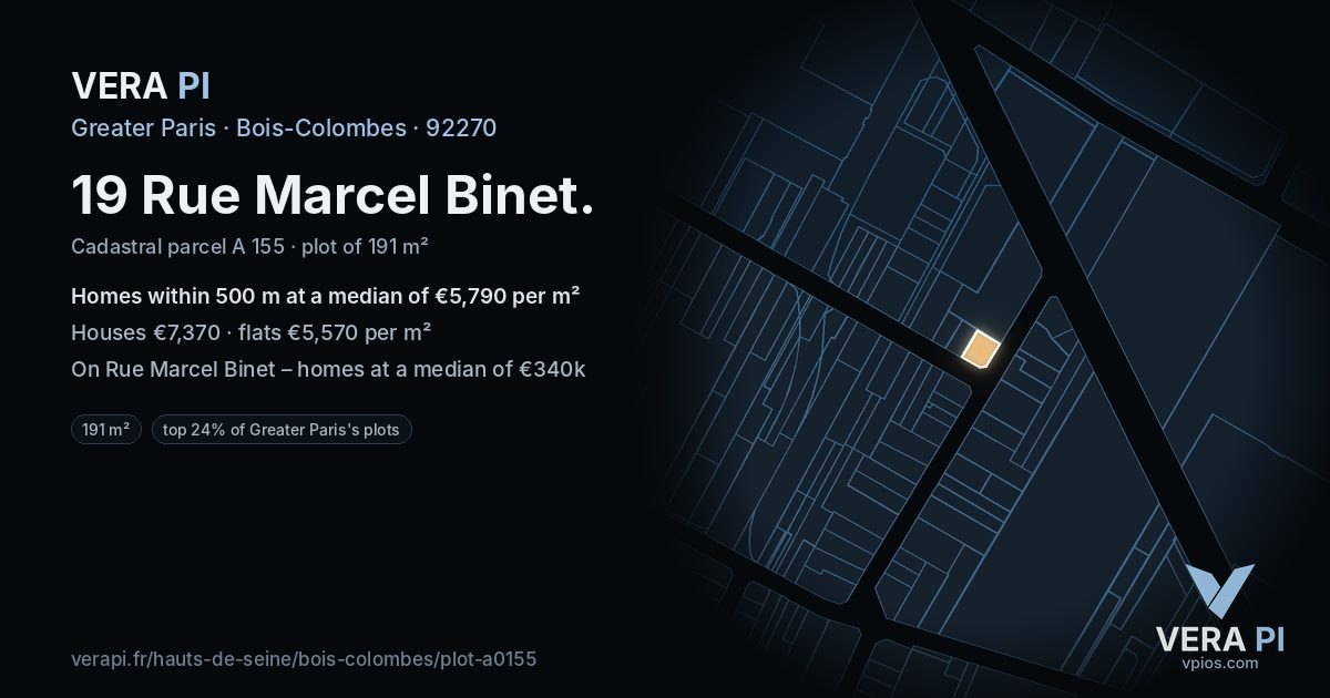 19 Rue Marcel Binet, Bois-Colombes at night – the plot lit, the parcels around coloured by the prices near them