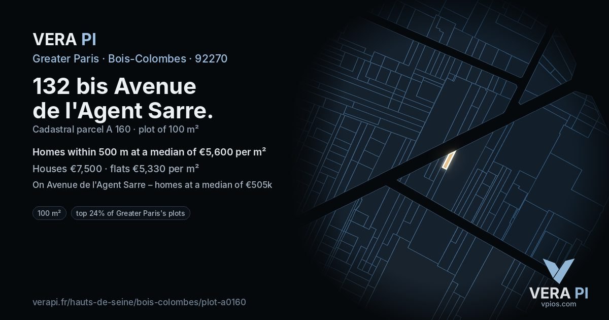 132 bis Avenue de l'Agent Sarre, Bois-Colombes at night – the plot lit, the parcels around coloured by the prices near them