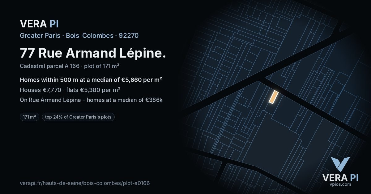 77 Rue Armand Lépine, Bois-Colombes at night – the plot lit, the parcels around coloured by the prices near them