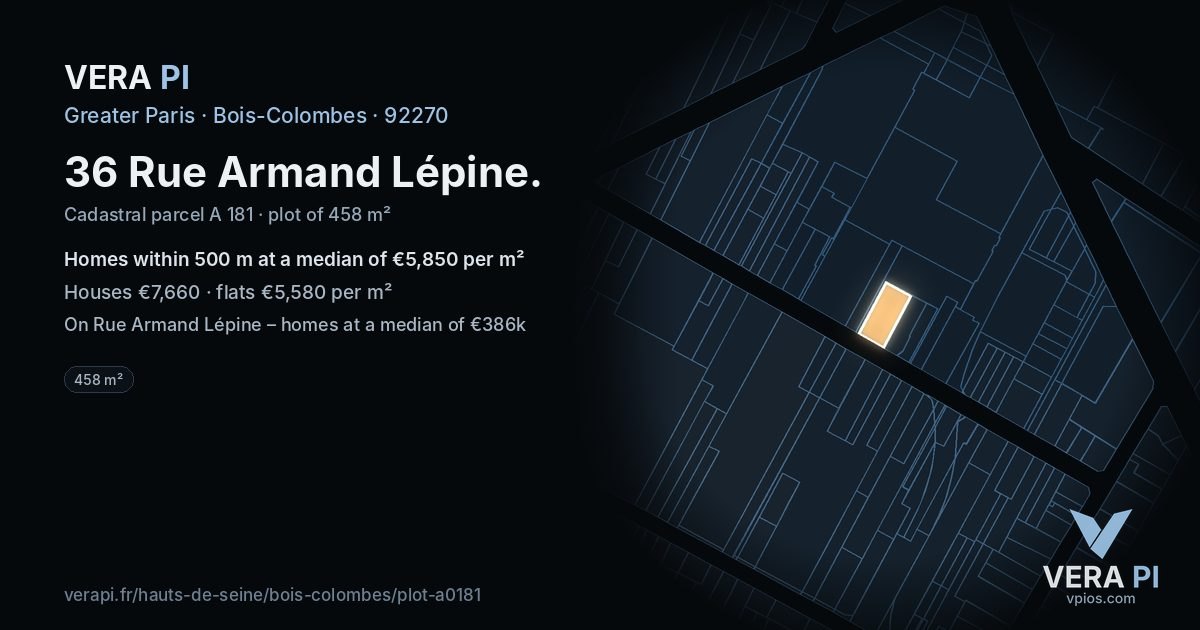 36 Rue Armand Lépine, Bois-Colombes at night – the plot lit, the parcels around coloured by the prices near them