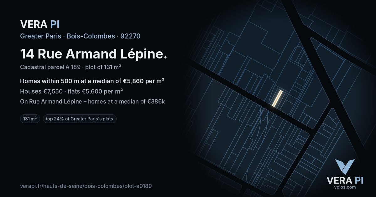 14 Rue Armand Lépine, Bois-Colombes at night – the plot lit, the parcels around coloured by the prices near them