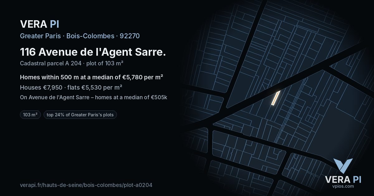 116 Avenue de l'Agent Sarre, Bois-Colombes at night – the plot lit, the parcels around coloured by the prices near them