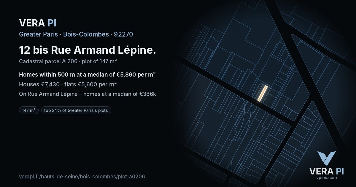 12 bis Rue Armand Lépine, Bois-Colombes at night – the plot lit, the parcels around coloured by the prices near them