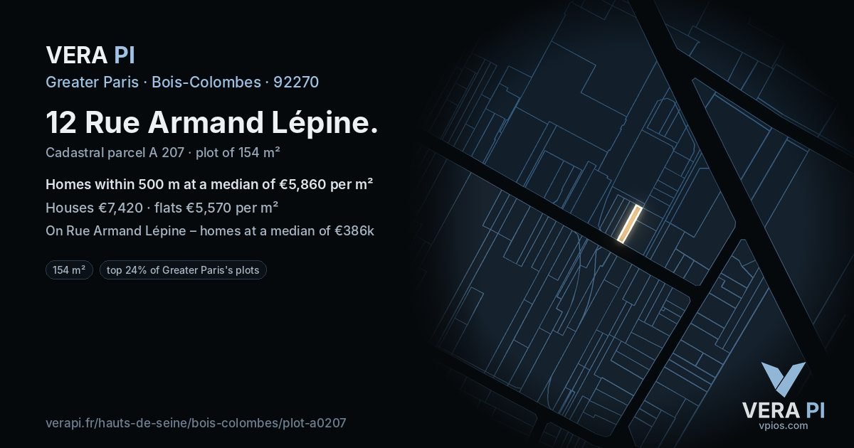 12 Rue Armand Lépine, Bois-Colombes at night – the plot lit, the parcels around coloured by the prices near them