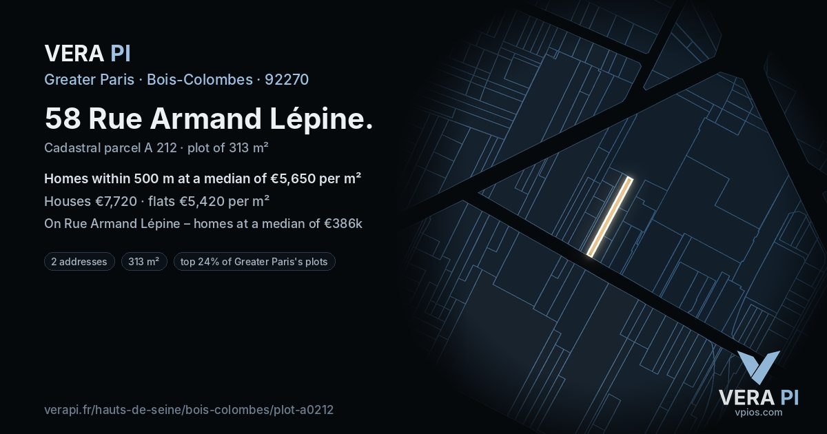 58 Rue Armand Lépine, Bois-Colombes at night – the plot lit, the parcels around coloured by the prices near them
