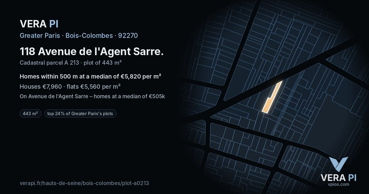 118 Avenue de l'Agent Sarre, Bois-Colombes at night – the plot lit, the parcels around coloured by the prices near them