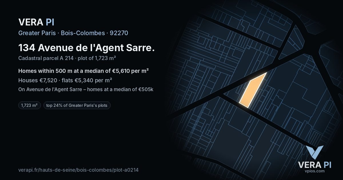 134 Avenue de l'Agent Sarre, Bois-Colombes at night – the plot lit, the parcels around coloured by the prices near them
