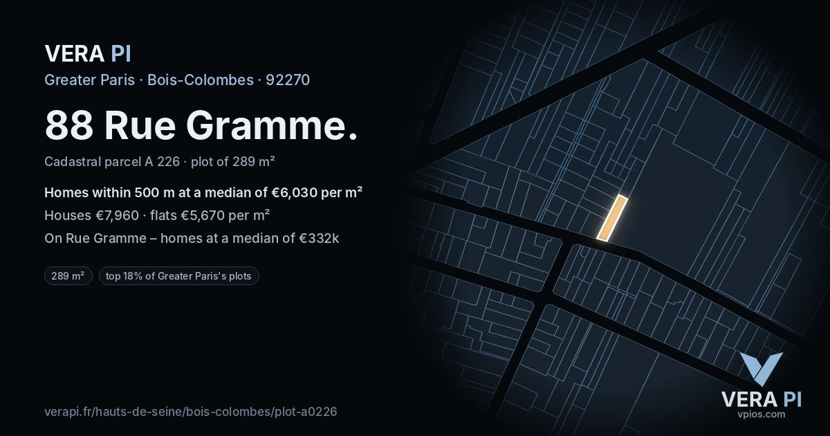 88 Rue Gramme, Bois-Colombes at night – the plot lit, the parcels around coloured by the prices near them