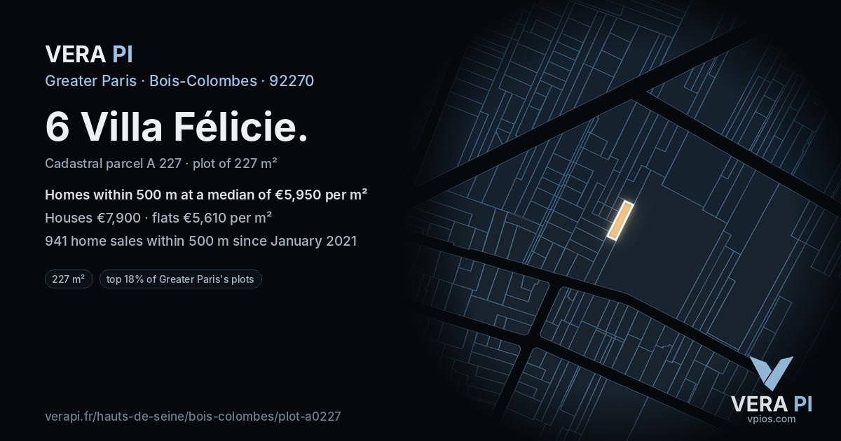6 Villa Félicie, Bois-Colombes at night – the plot lit, the parcels around coloured by the prices near them