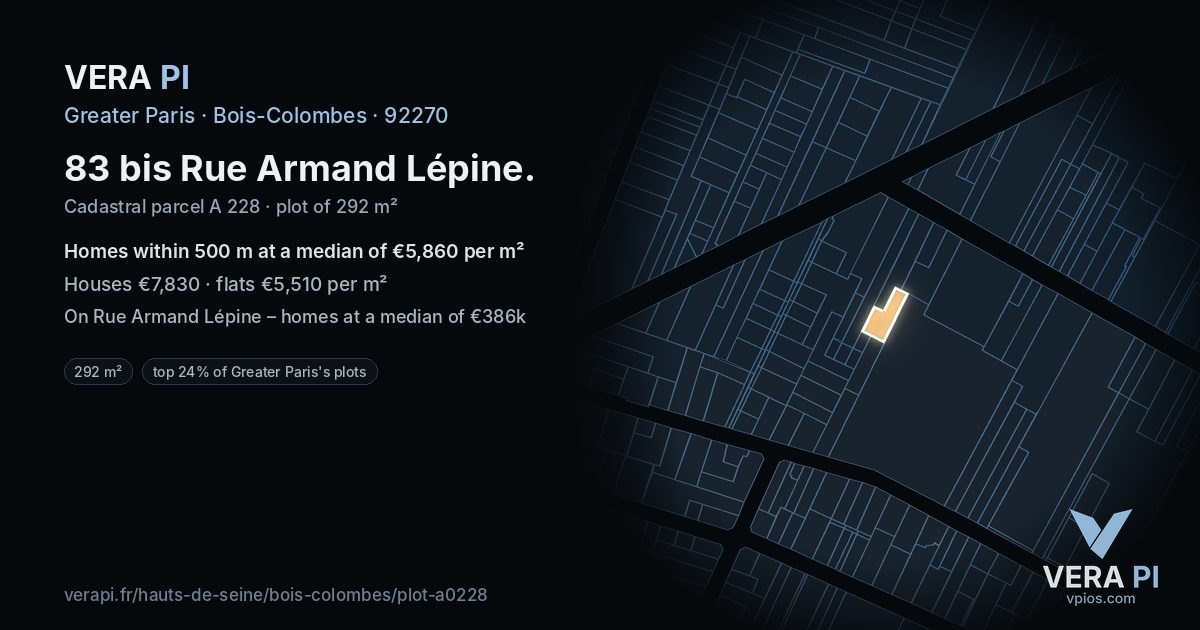 83 bis Rue Armand Lépine, Bois-Colombes at night – the plot lit, the parcels around coloured by the prices near them