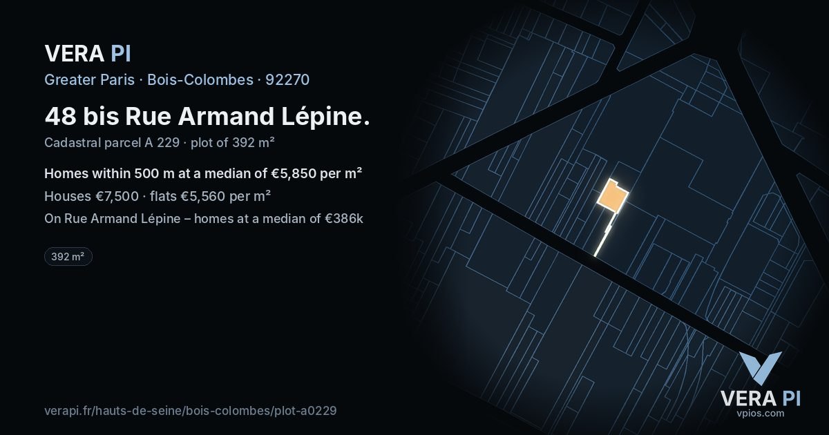 48 bis Rue Armand Lépine, Bois-Colombes at night – the plot lit, the parcels around coloured by the prices near them
