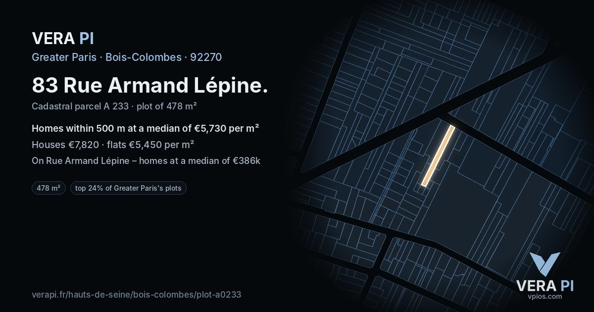 83 Rue Armand Lépine, Bois-Colombes at night – the plot lit, the parcels around coloured by the prices near them