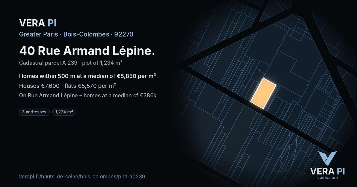 40 Rue Armand Lépine, Bois-Colombes at night – the plot lit, the parcels around coloured by the prices near them
