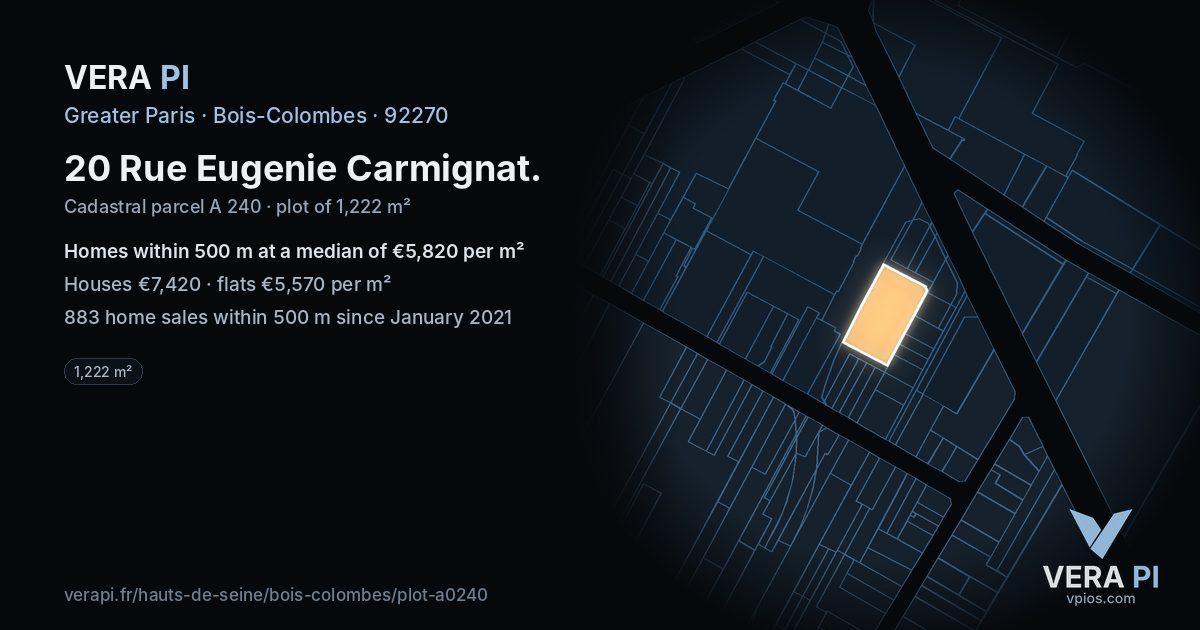 20 Rue Eugenie Carmignat, Bois-Colombes at night – the plot lit, the parcels around coloured by the prices near them