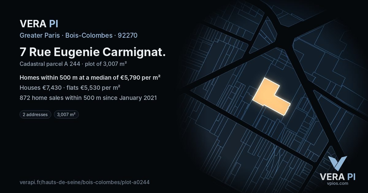 7 Rue Eugenie Carmignat, Bois-Colombes at night – the plot lit, the parcels around coloured by the prices near them