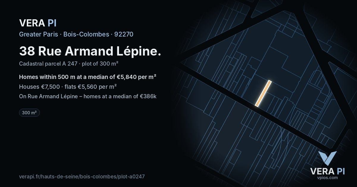 38 Rue Armand Lépine, Bois-Colombes at night – the plot lit, the parcels around coloured by the prices near them